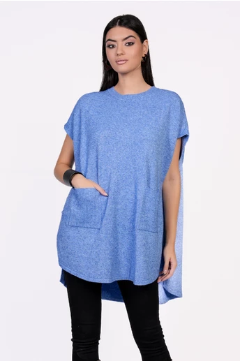 Bluza Mona tip poncho albastru din tricot cu buzunare