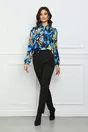 Bluza Moze albastra cu imprimeu galben si guler tip esarfa
