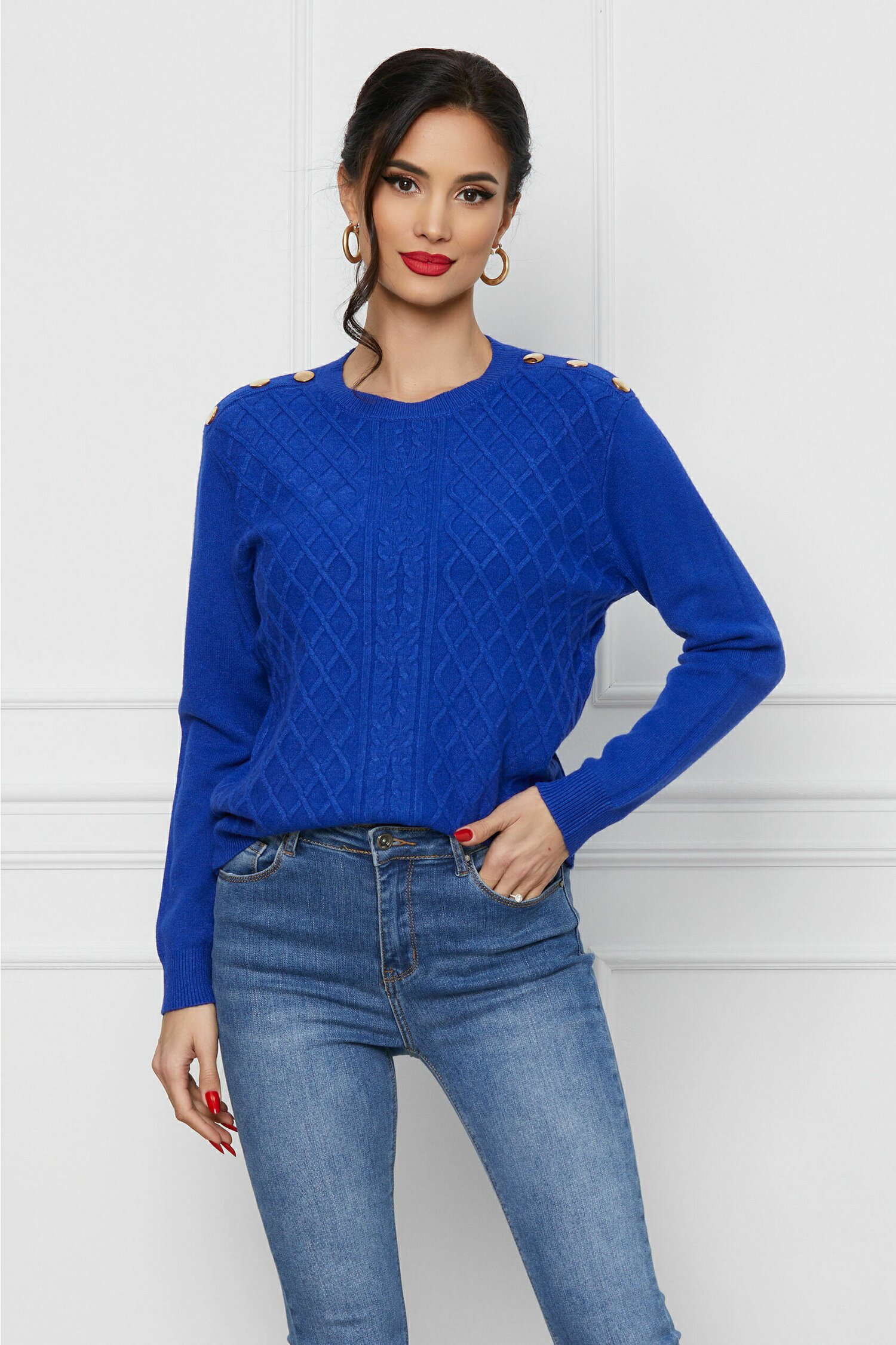 Bluza Nadia albastra cu nasturi pe umeri