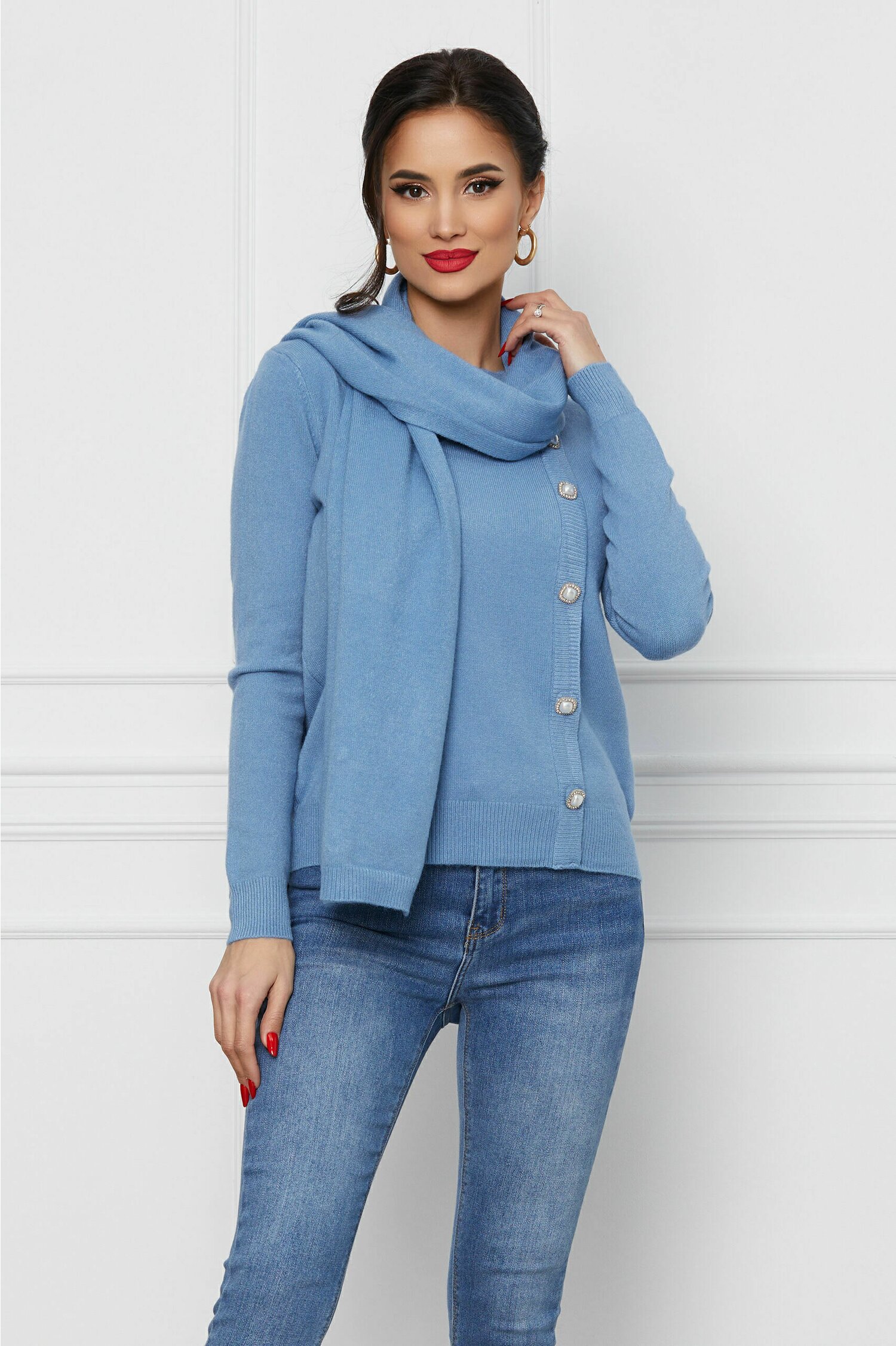 Bluza Nadia albastra cu nasturi si esarfa