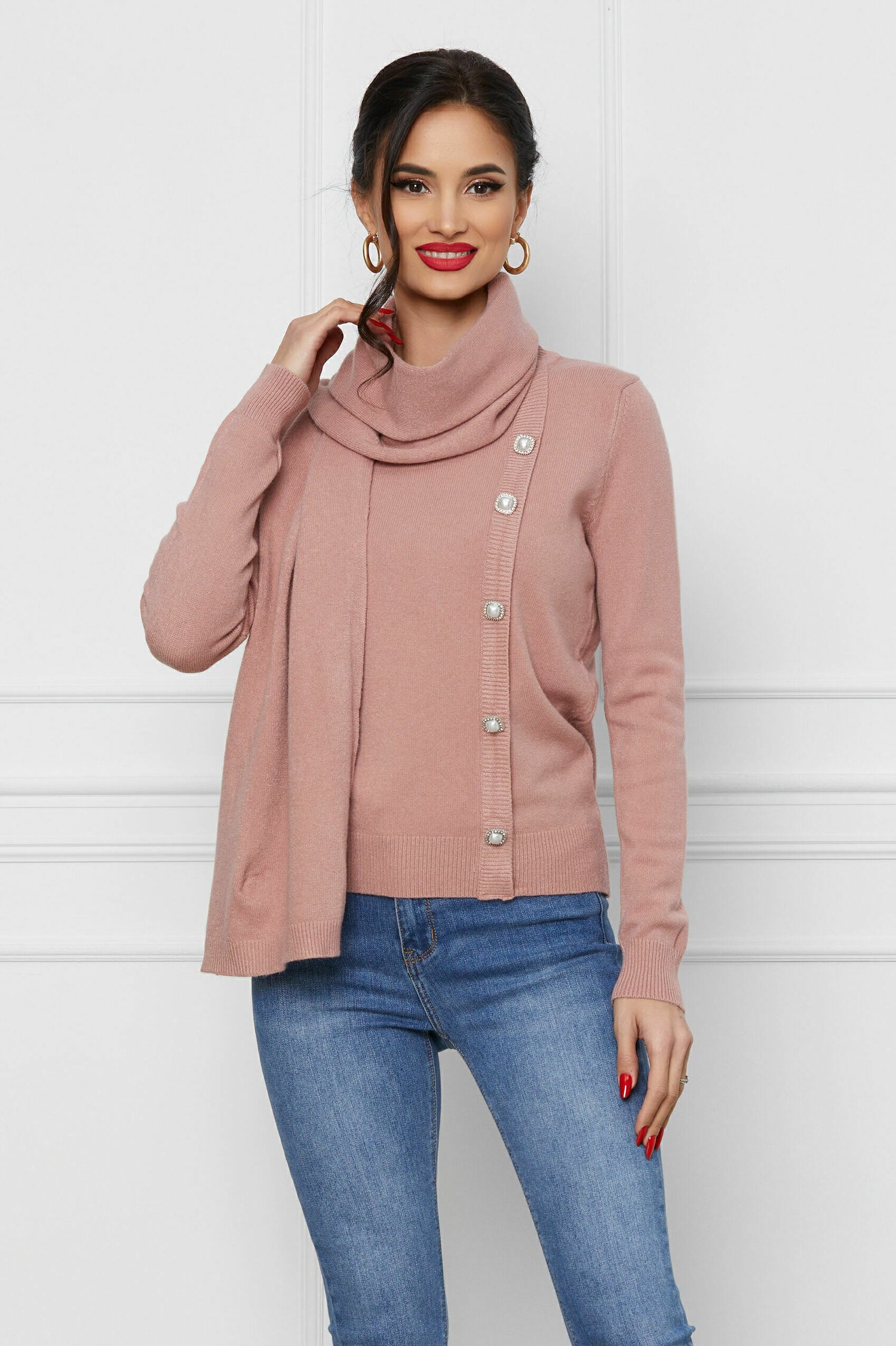 Bluza Nadia roz cu nasturi si esarfa