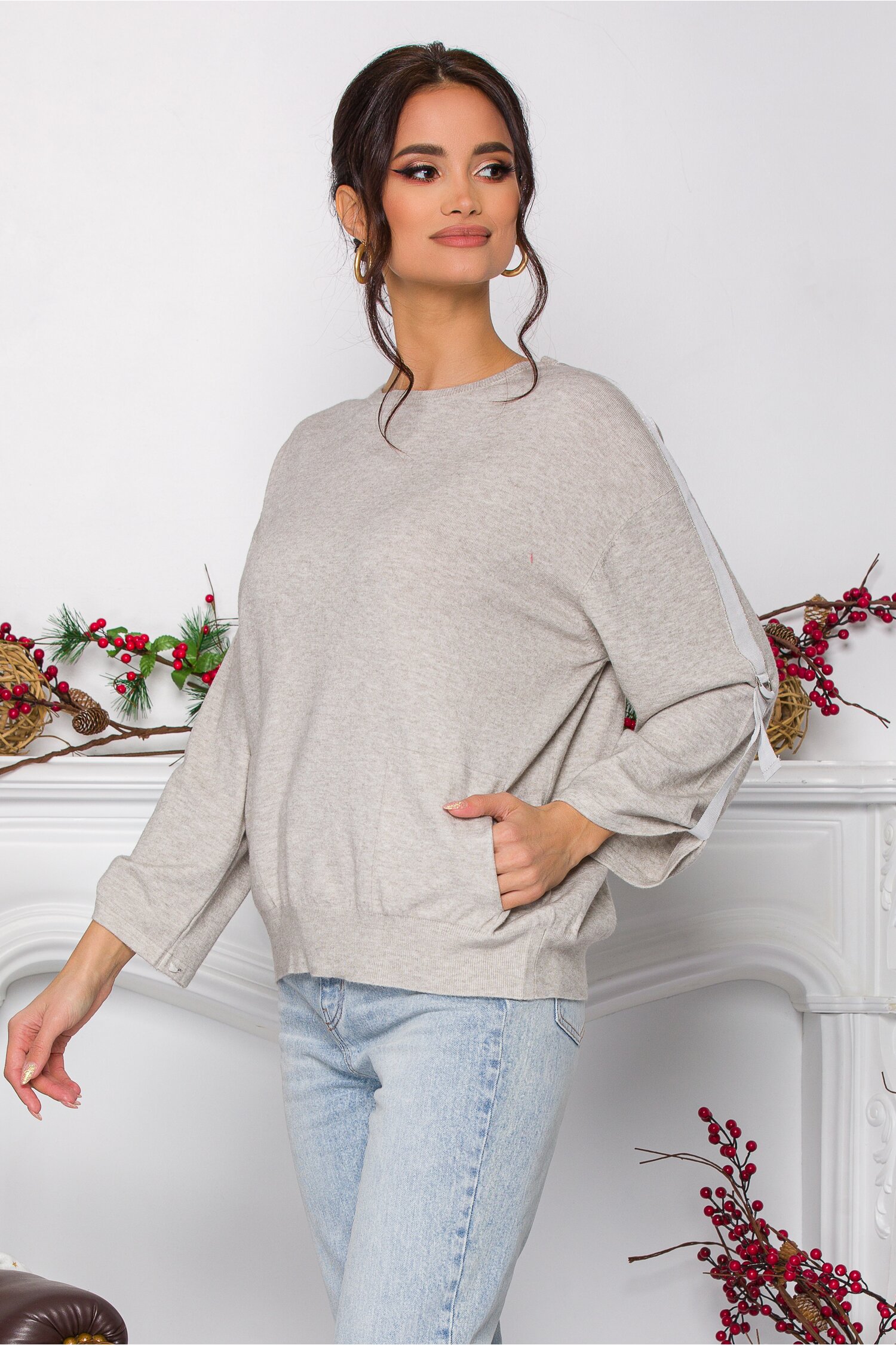 Bluza Pami ivory lejera cu banda discreta pe maneci