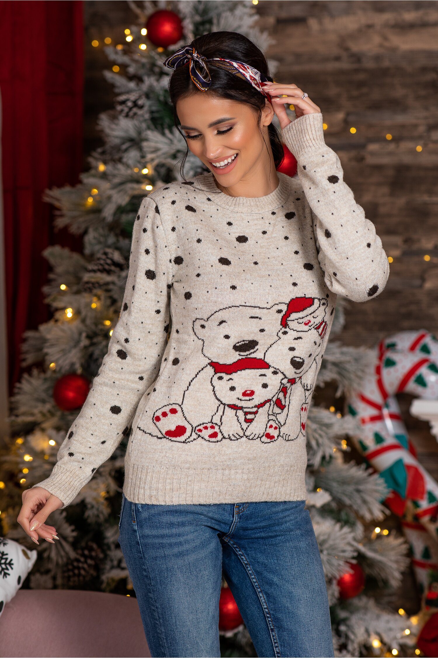 Bluza Polar Bear bej cu imprimeu de iarna