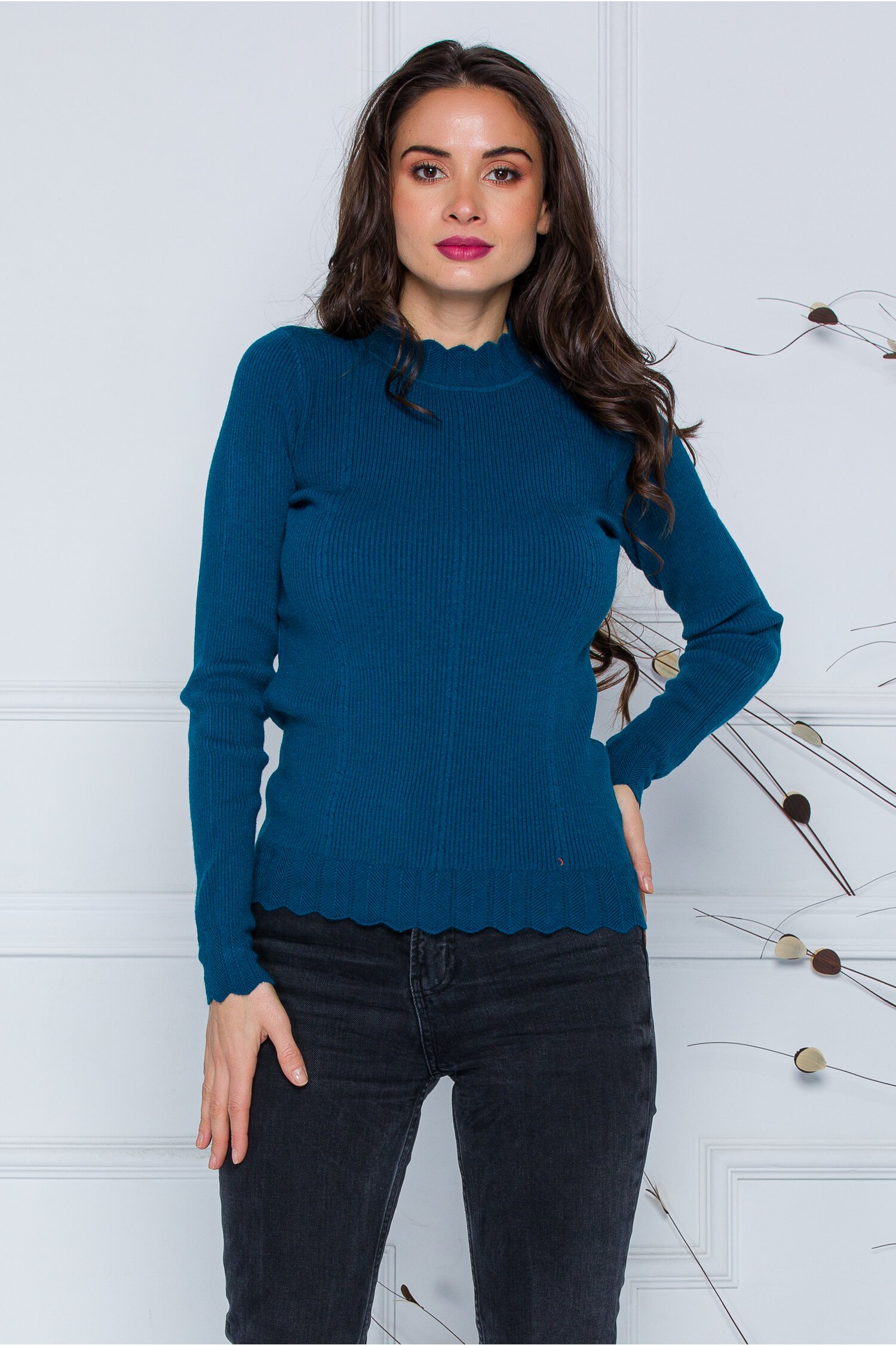 Bluza Roxi albastru petrol cu design stilysh la guler si baza