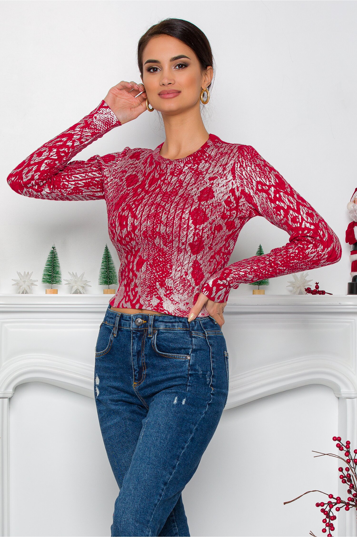 Bluza Yoly rosie cu design impletit si imprimeu argintiu