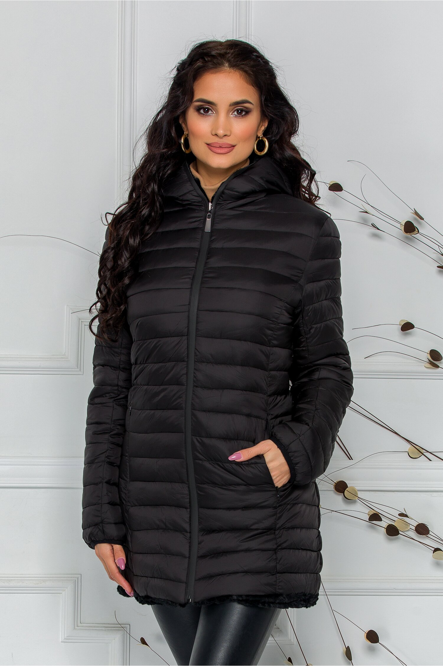 Geaca Zoe neagra cu doua fete imblanita cu fermoar