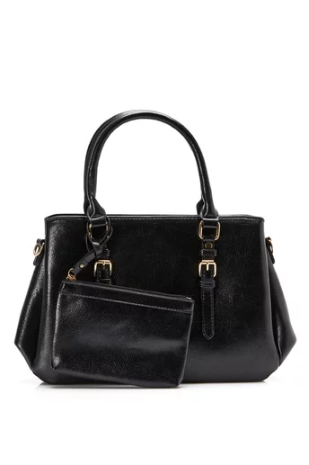 Geanta Luisa neagra cu portofel si catarame decorative
