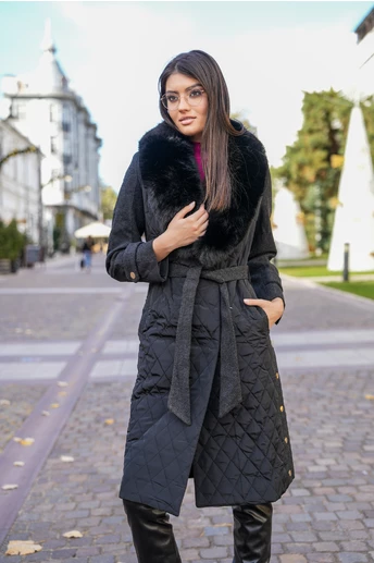 Palton Daria negru din fas matlasat cu guler din blana si cordon in talie