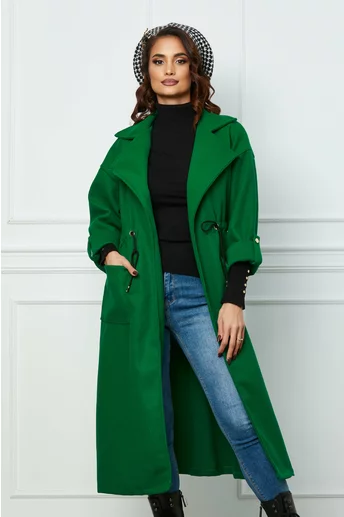 Palton Dora verde cu snur reglabil in talie