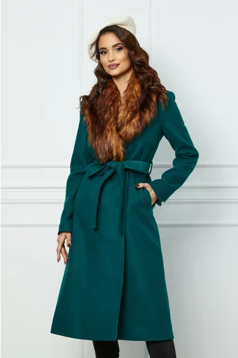 Palton Dy Fashion lung verde cu blanita si cordon in talie