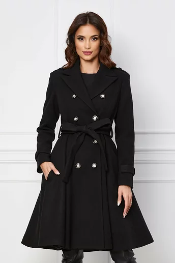 Palton Dy Fashion negru accesorizat cu nasturi si cordon in talie