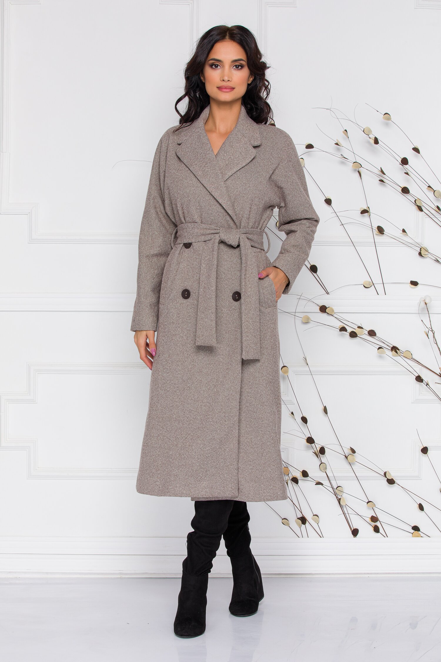 Palton Ella Collection Maya bej cu imprimeu in dungi