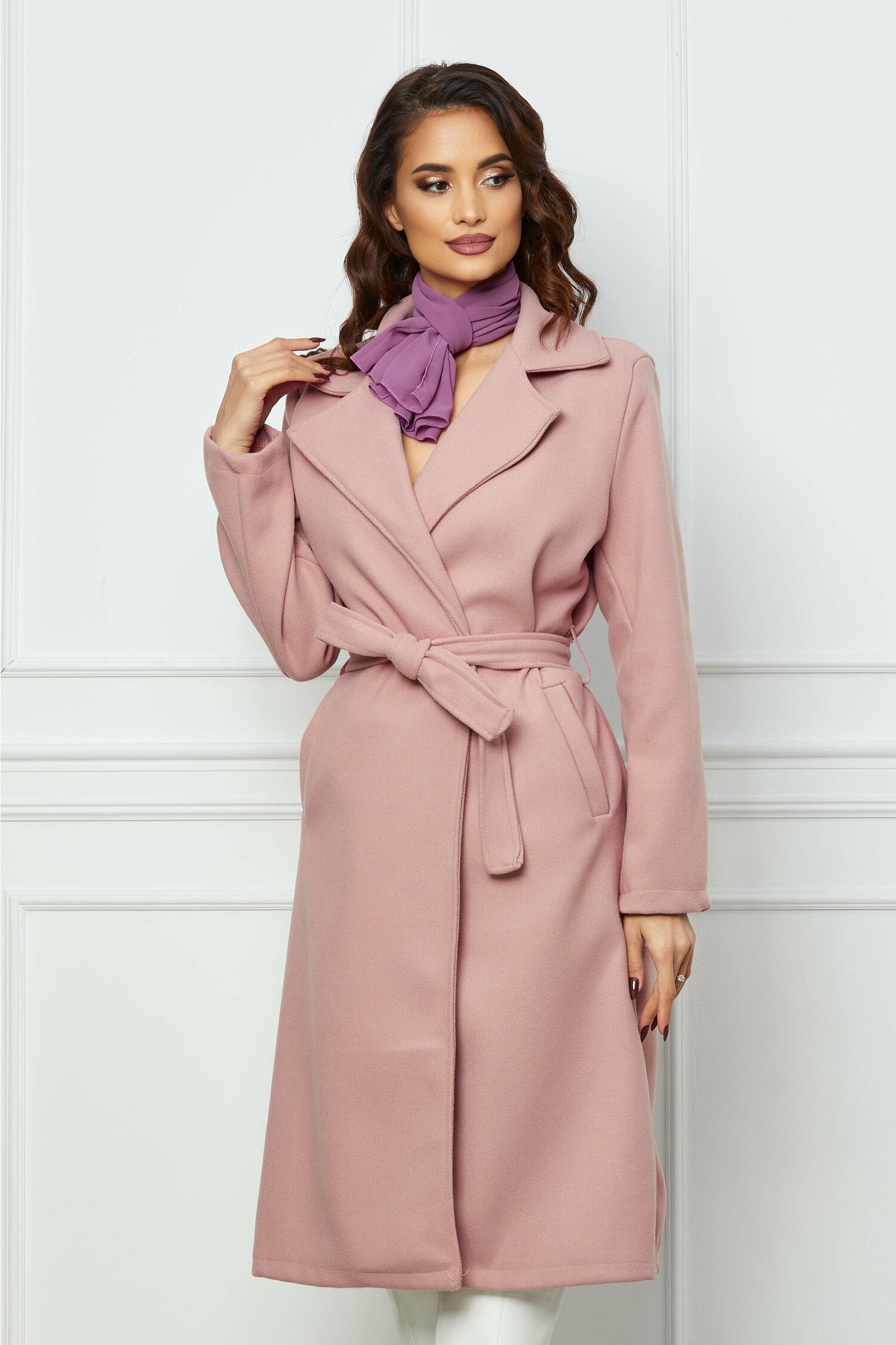 Palton Simona roz cu cordon in talie dyfashion.ro
