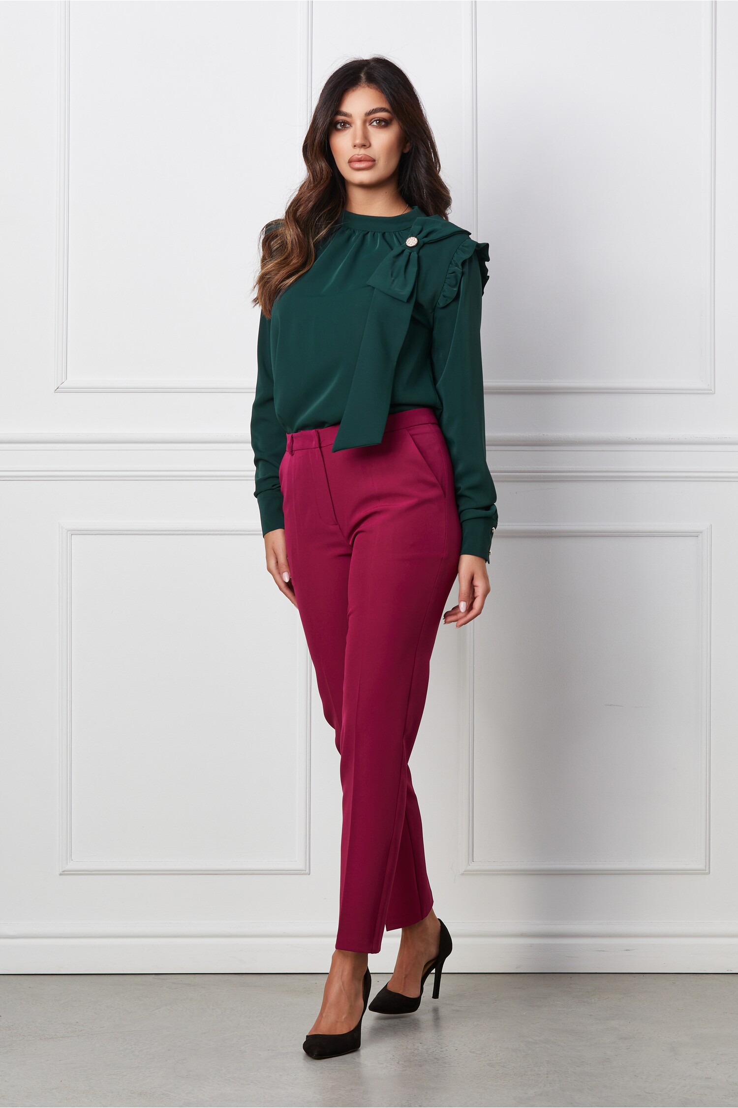 Pantaloni eleganta magenta office cu buzunare