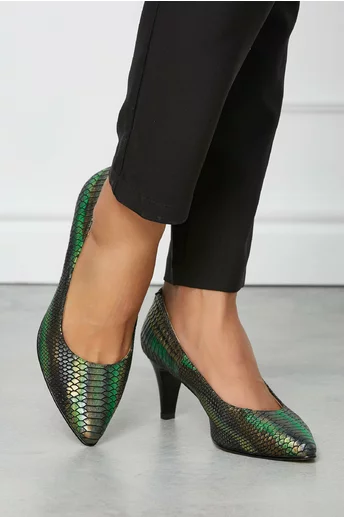 Pantofi Selena verzi din piele naturala cu imprimeu cameleonic