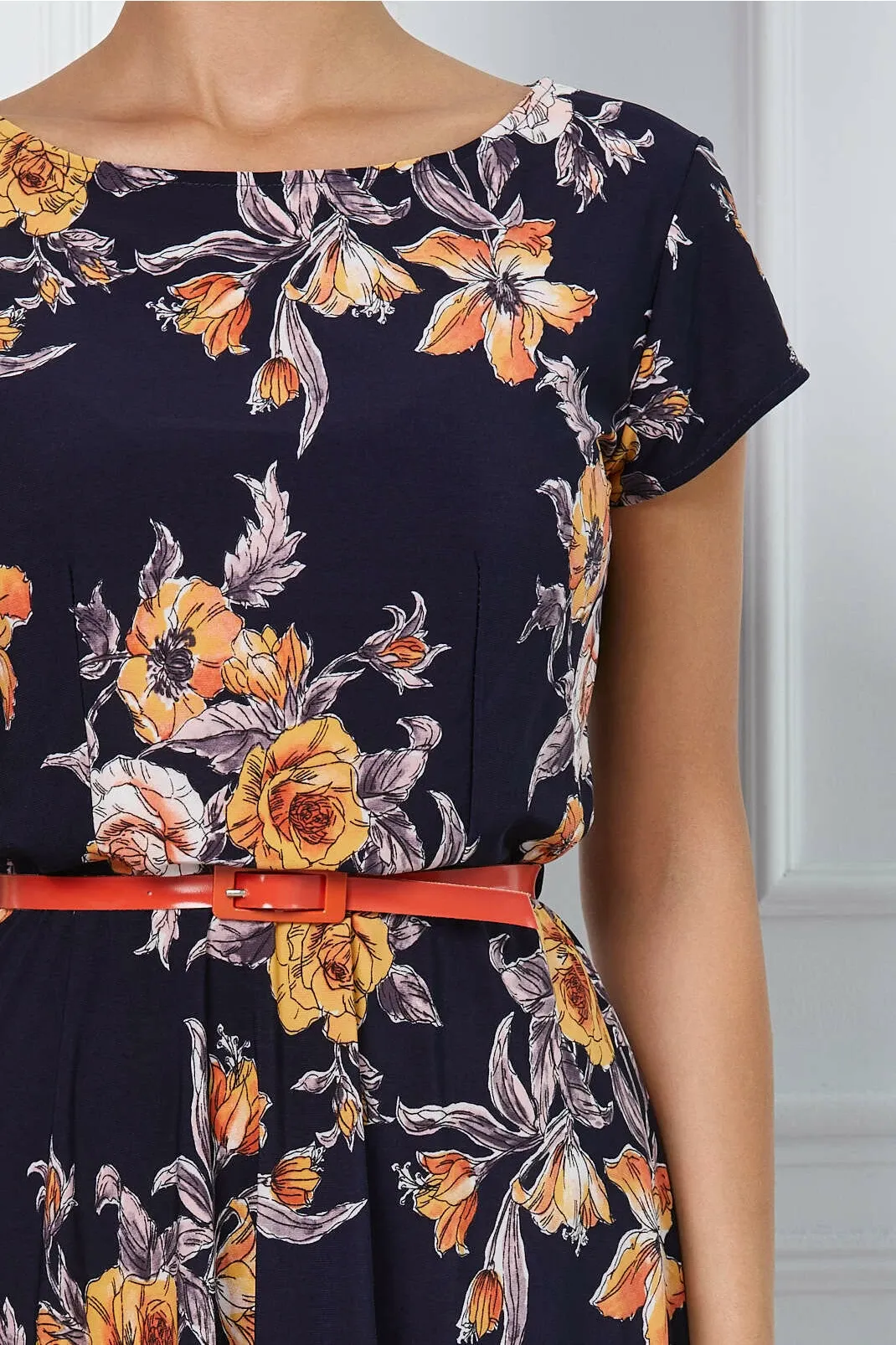 Rochie Flori bleumarin cu flori orange 3