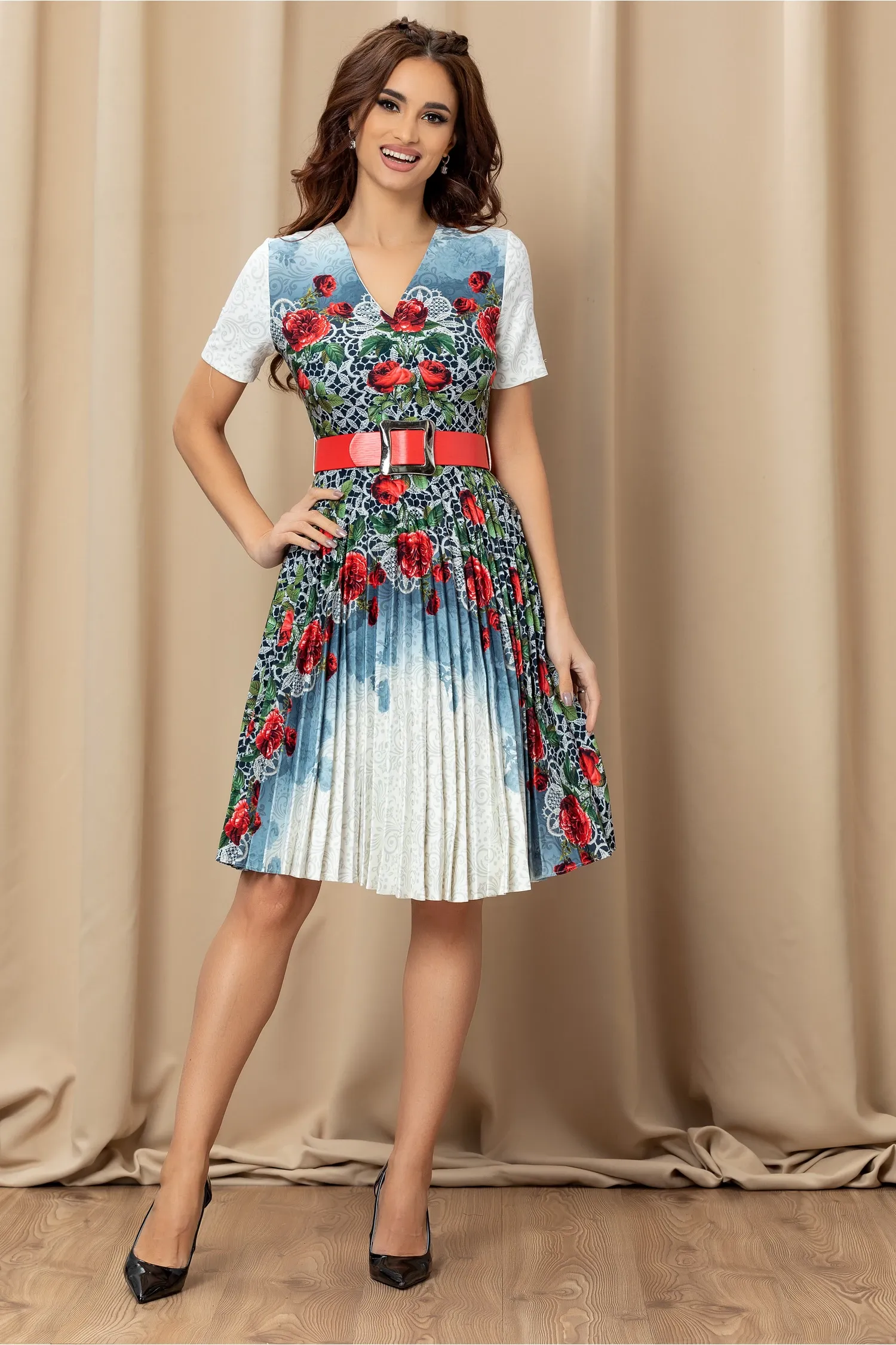 Rochie Iustina ivoire cu albastru si imprimeu floral rosu 4