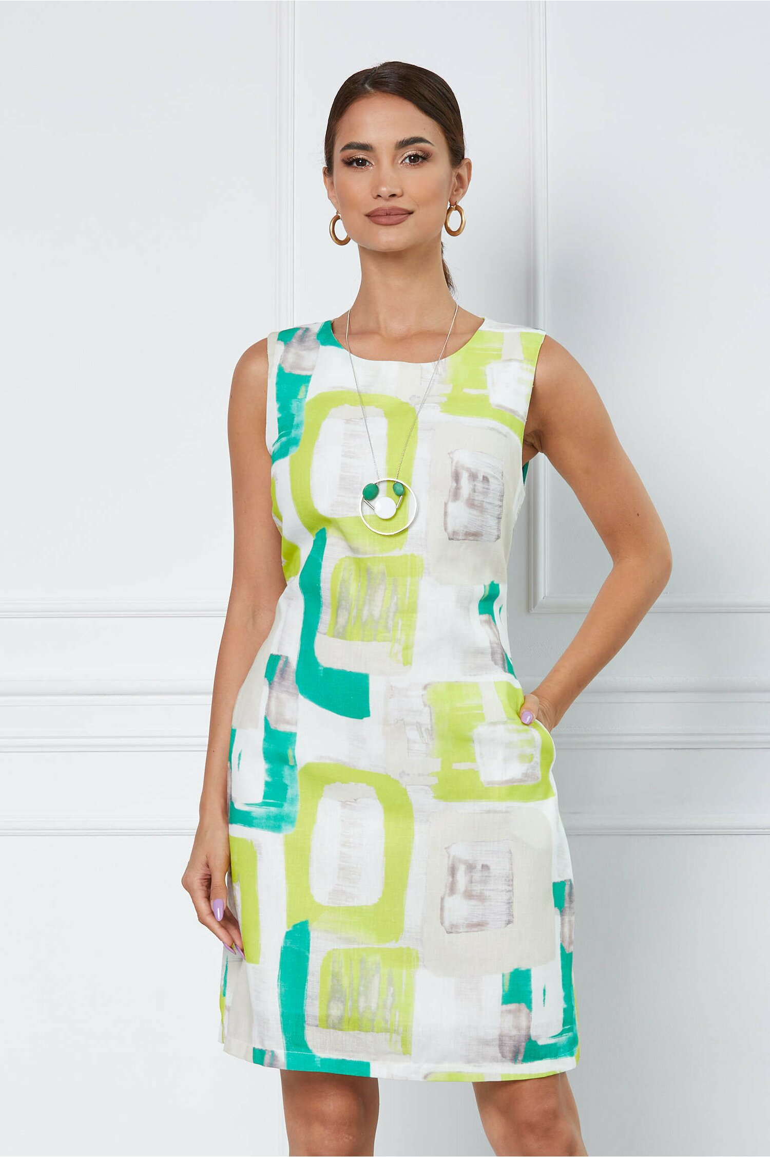 Rochie Adina alba cu imprimeu verde-olive si buzunare - Rochii-Dama.ro