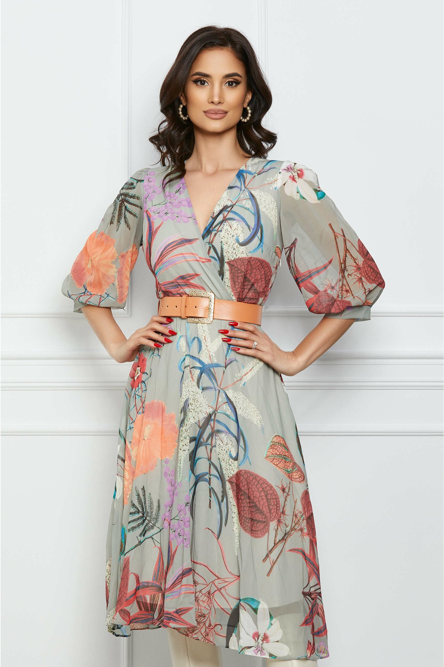 Rochie Adriana gri cu flori colorate