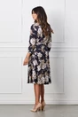 Rochie Alexa bleumarin cu imprimeu floral bej si curea in talie