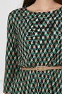 Rochie Alexa verde cu imprimeu geometric bej si curea in talie