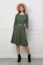 Rochie Alexa verde cu imprimeu geometric bej si curea in talie