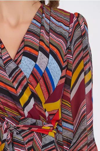 Rochie Alexandra bordo cu imprimeuri colorate si cordon in talie
