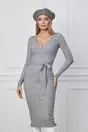 Rochie Alma gri din tricot cu decolteu petrecut si cordon in talie