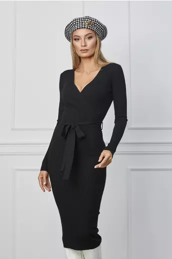 Rochie Alma neagra din tricot cu decolteu petrecut si cordon in talie