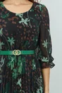 Rochie Ana neagra cu imprimeu verde-maro si fusta plisata