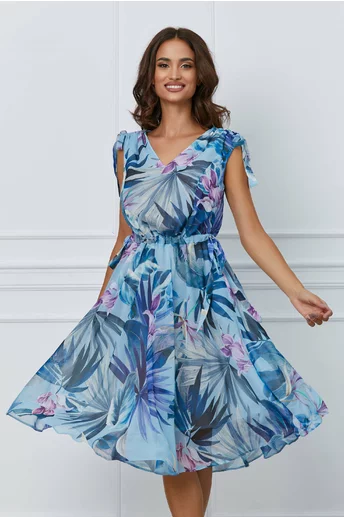 Rochie Anastasia bleu cu imprimeu exotic