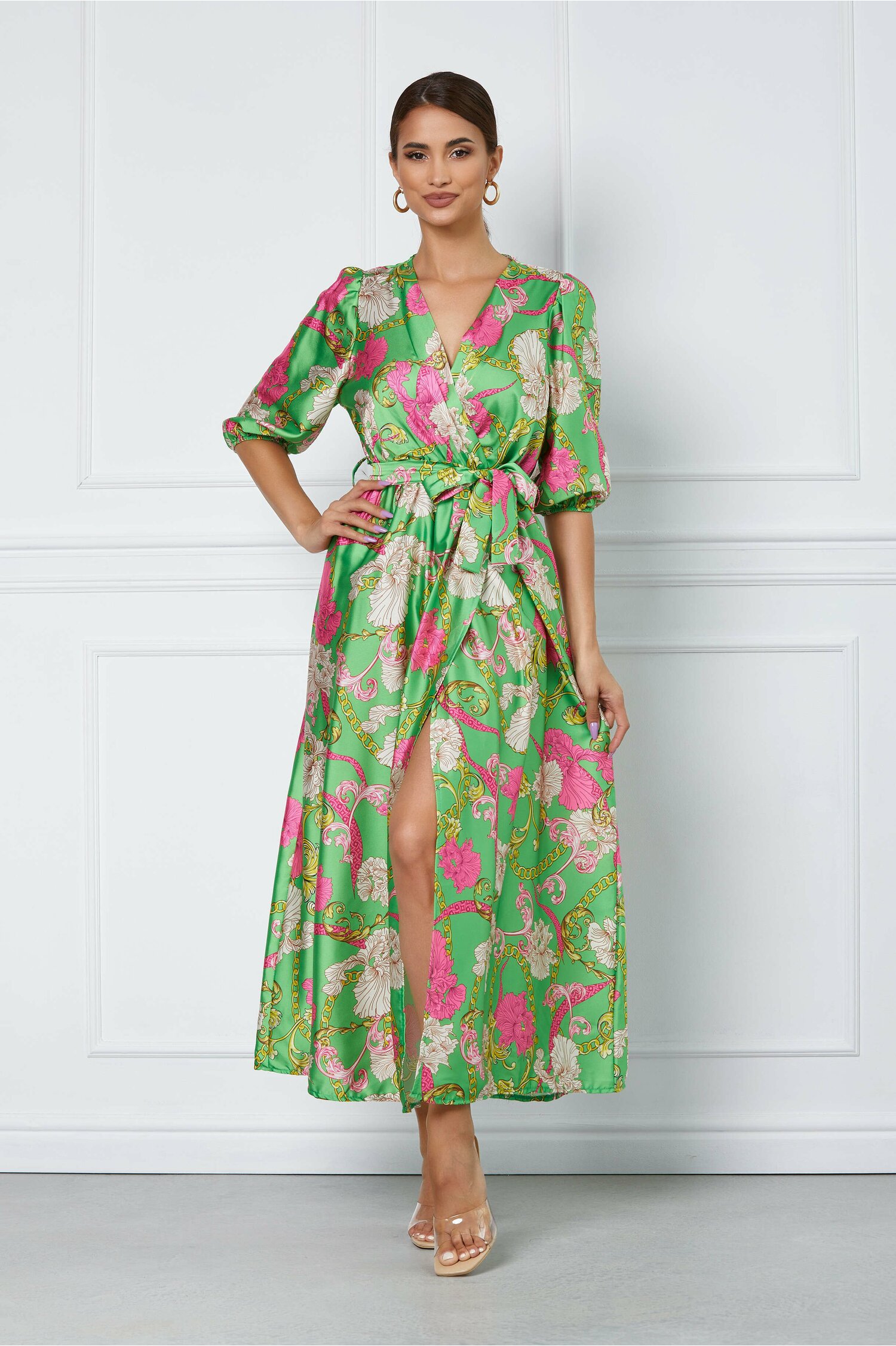 Rochie lunga verde cu imprimeuri fucsia