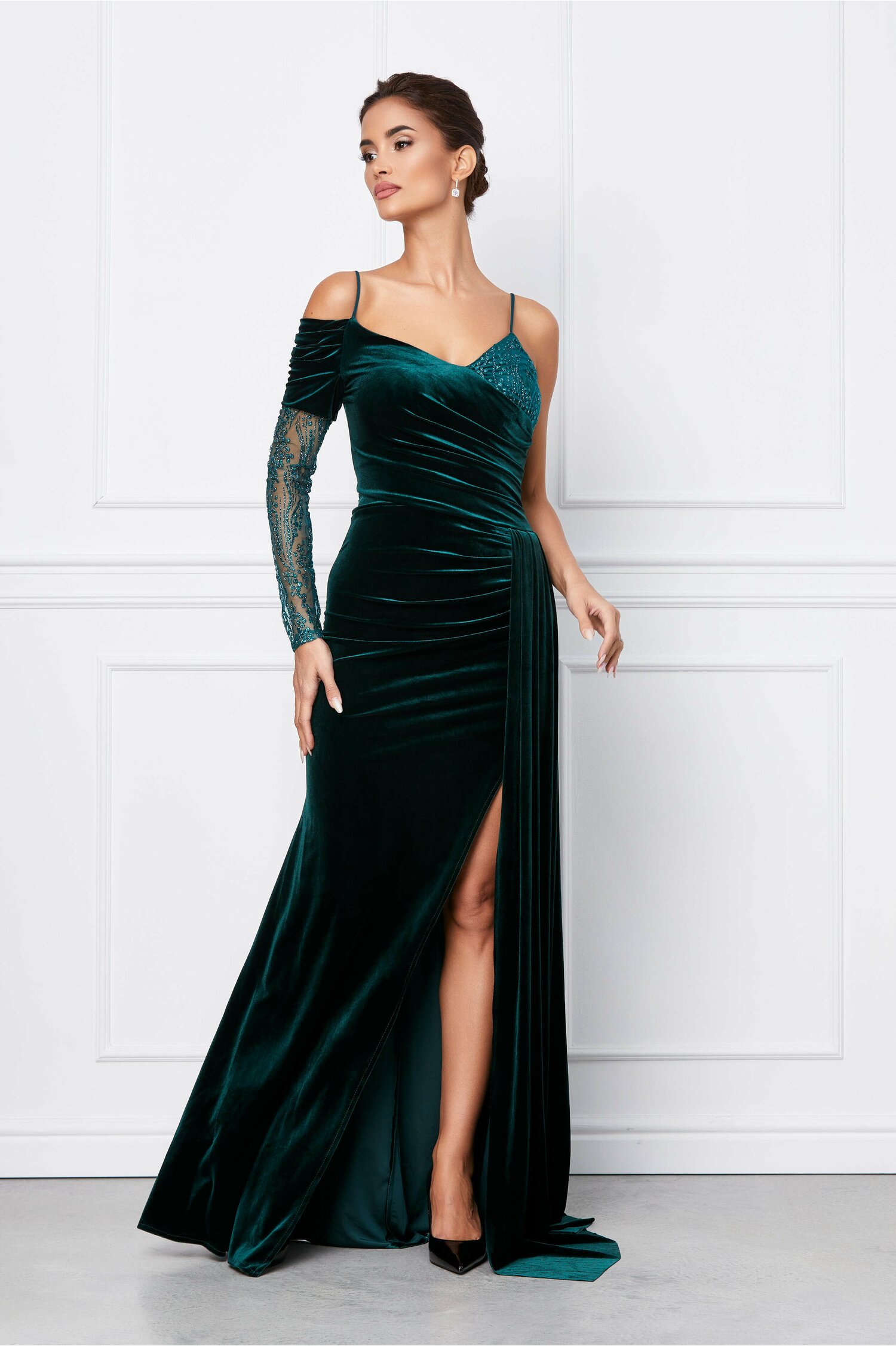 Rochie lunga Atena verde lunga cu glitter si crepeu adanc