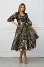 Rochie Beatrice neagra cu imprimeuri aurii si curea in talie