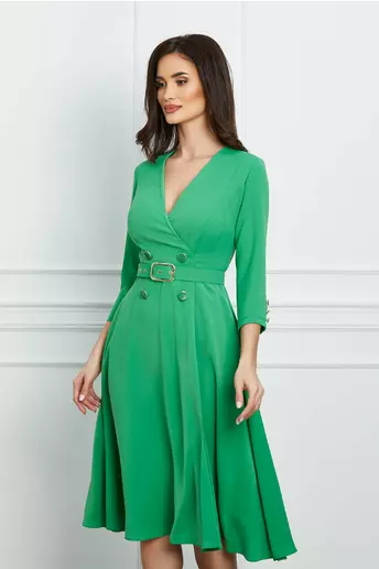 Rochie Bessie verde cu nasturi si curea in talie