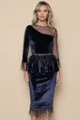 Rochie eleganta din catifeasi tull la bust bleumarin cu pene si peplum