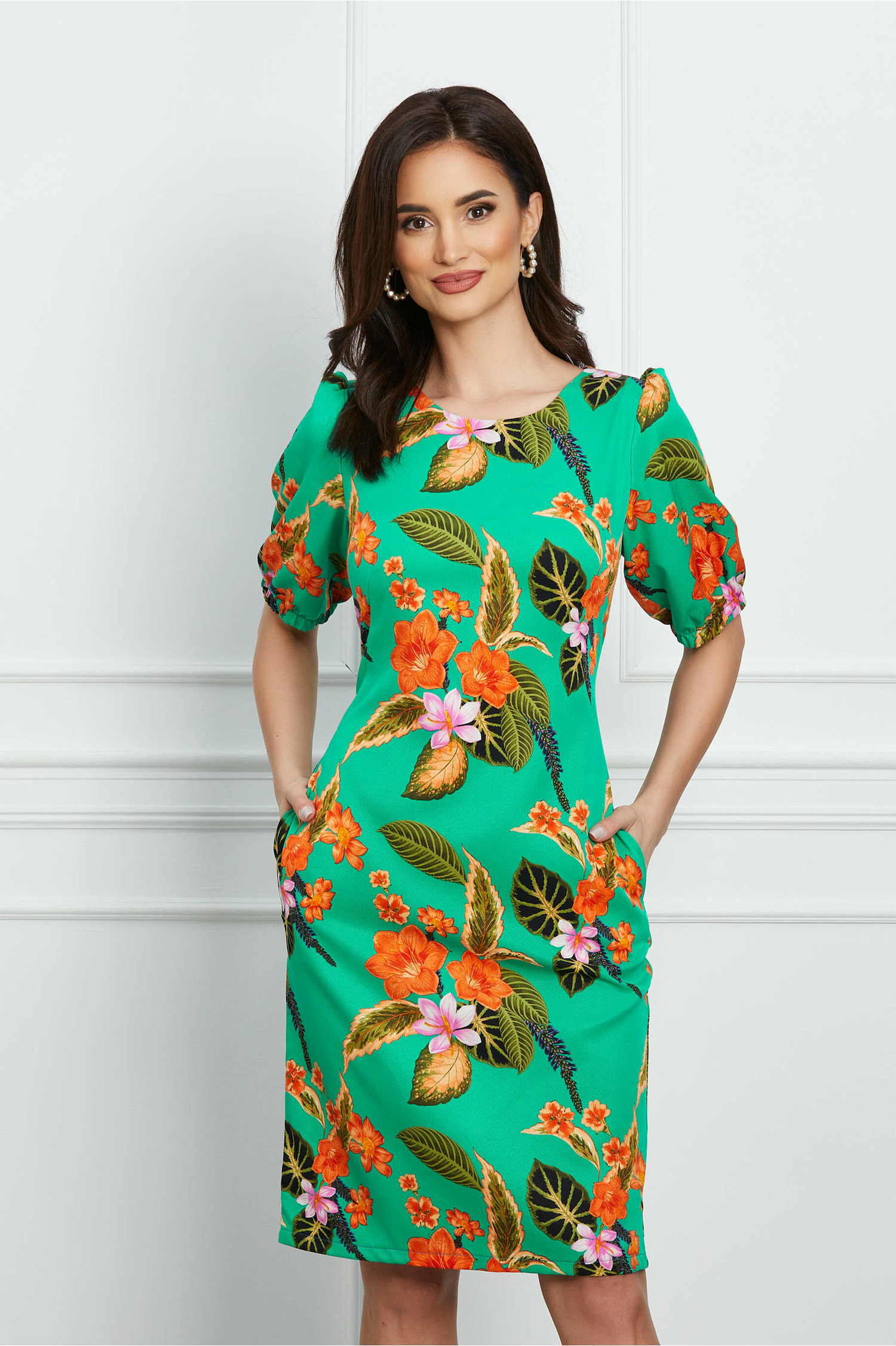 Rochie Celia verde cu imprimeuri florale orange