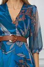 Rochie Christina albastra cu imprimeuri maro si curea in talie