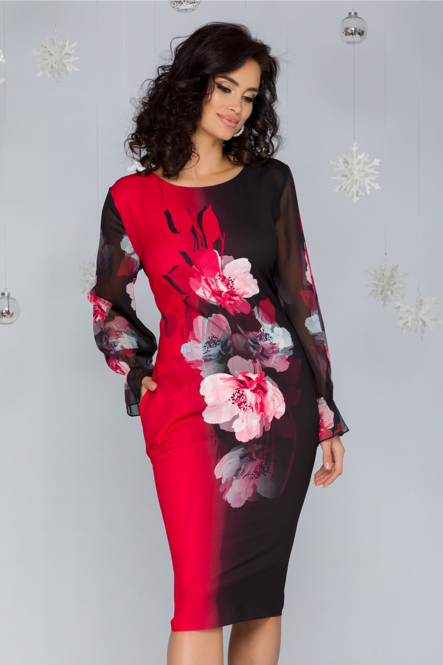 Rochie Claire negru cu rosu si imprimeu floral maxi pe mijloc