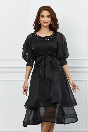 Rochie Cleo neagra cu pietricele si maneci scurte despicate