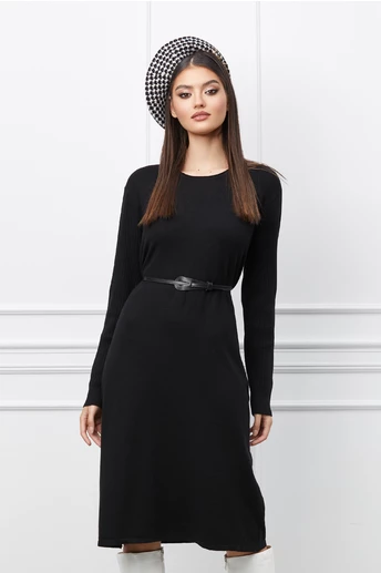 Rochie Corina neagra din tricot cu striatii pe maneci si curea in talie
