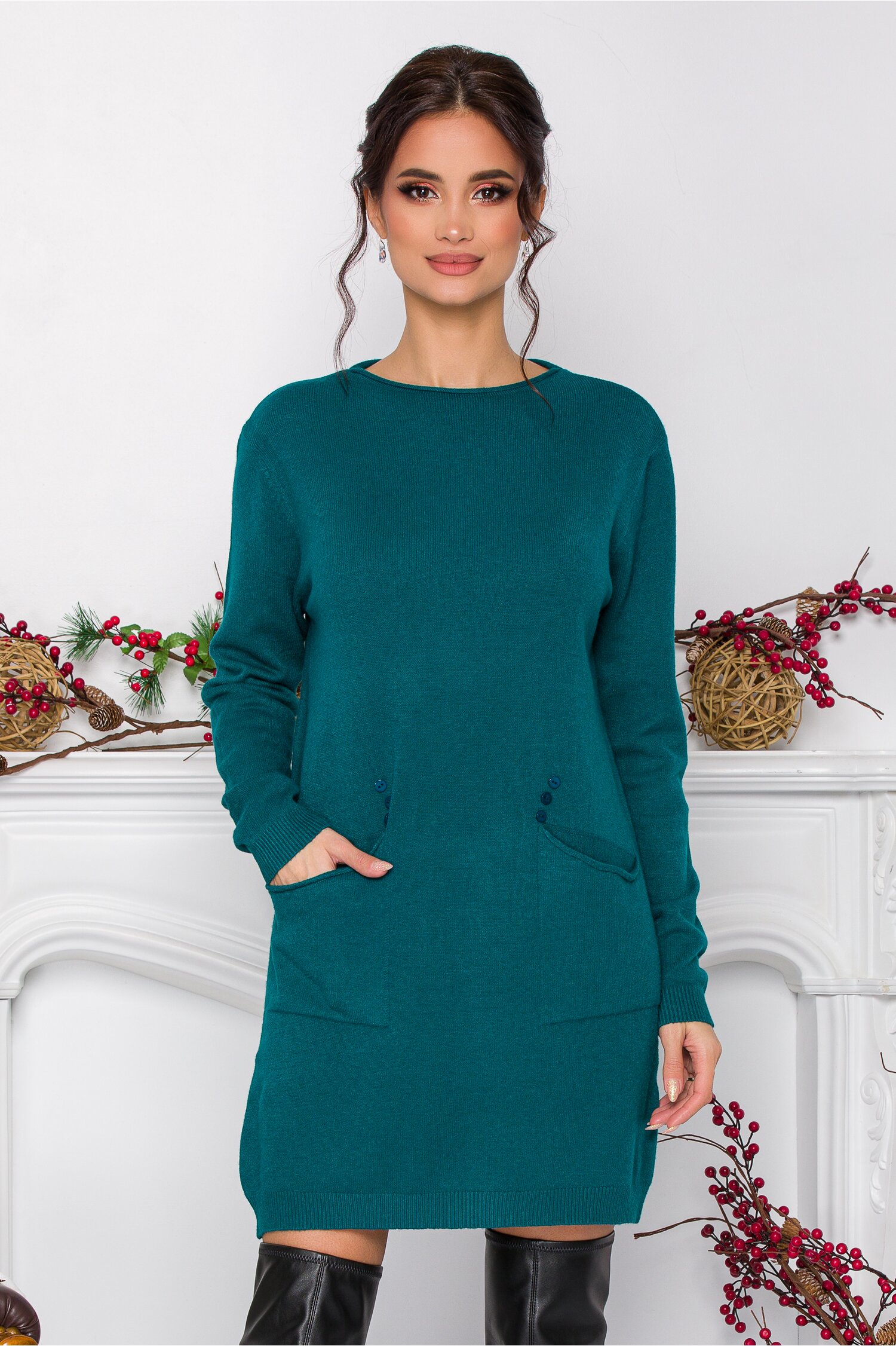 Rochie Corina turcoaz din tricot cu buzunare