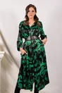 Rochie Corina verde cu imprimeu negru si curea in talie