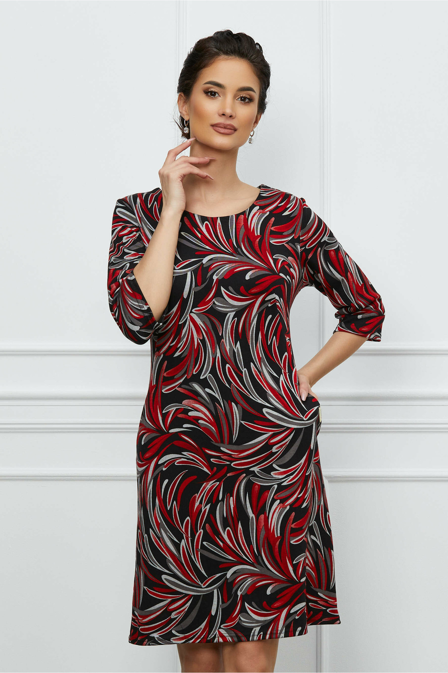 Rochie Dalia neagra cu imprimeuri rosii