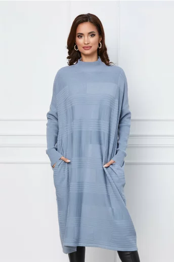 Rochie Daliana bleu din tricot cu model geometric