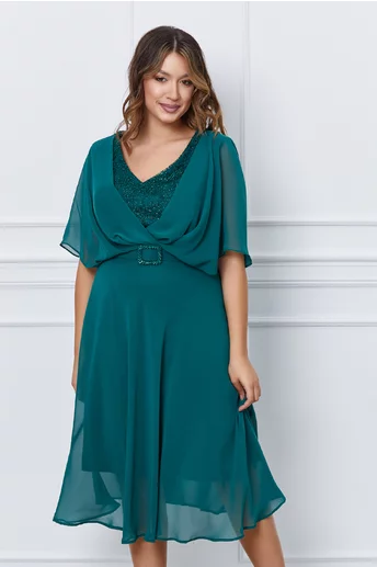 Rochie Damiana verde cu broderie si fir lurex la bust