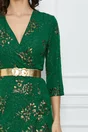 Rochie Dariana verde cu imprimeu floral auriu si curea in talie