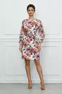 Rochie Delia alba cu imprimeuri florale maro si maneci din voal