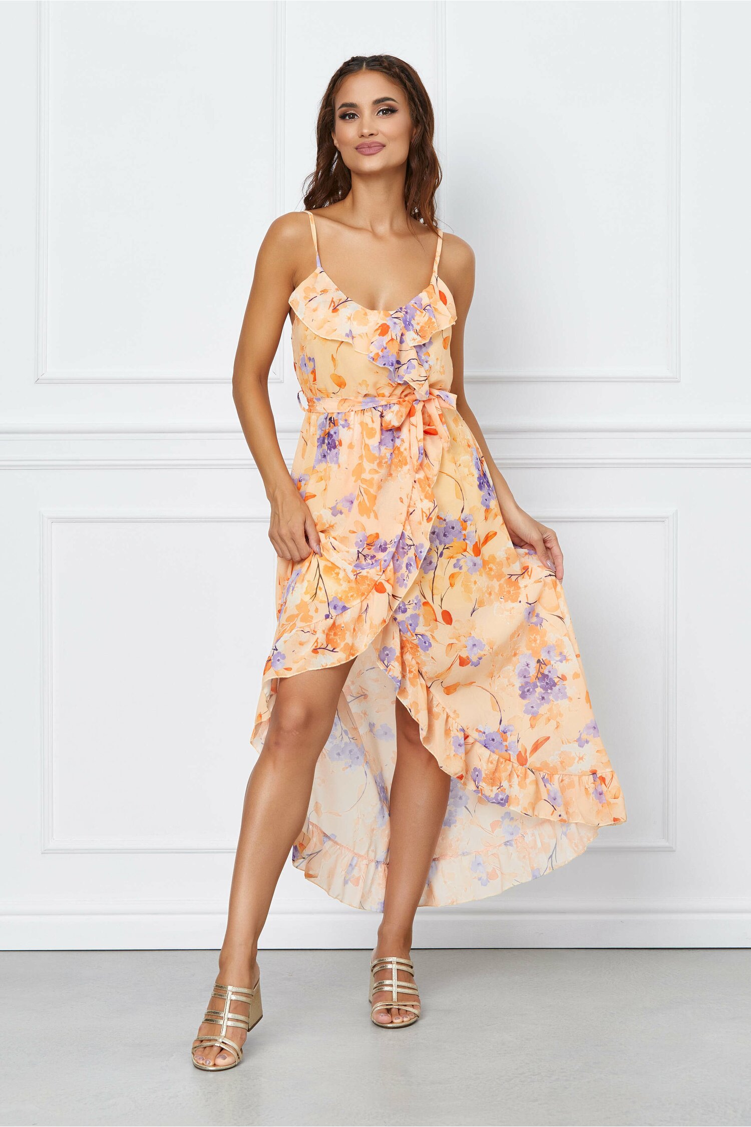 Rochie Delia orange cu imprimeuri florale lila si fusta petrecuta La Reduecre – Livrare și Retur Gratuit Rochii 2023-09-30