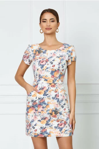 Rochie Dima alba cu imprimeu floral orange si buzunare